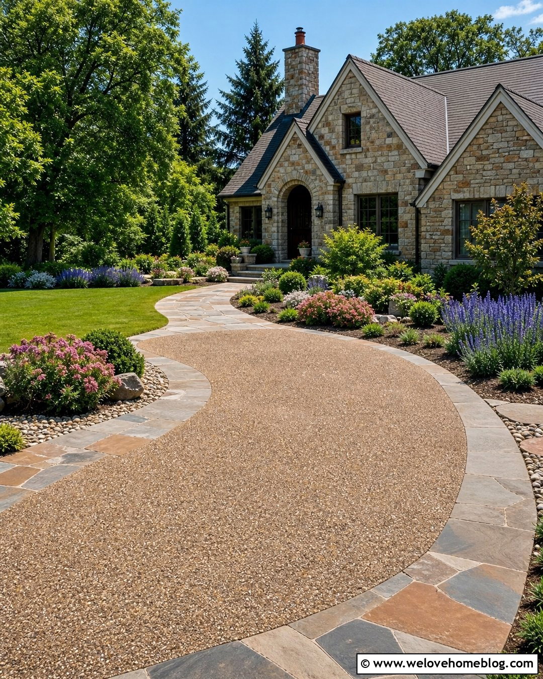 Flagstone Driveway Entrance With Flowering Rock Beds - 20 driveway entrance landscaping rocks ideas