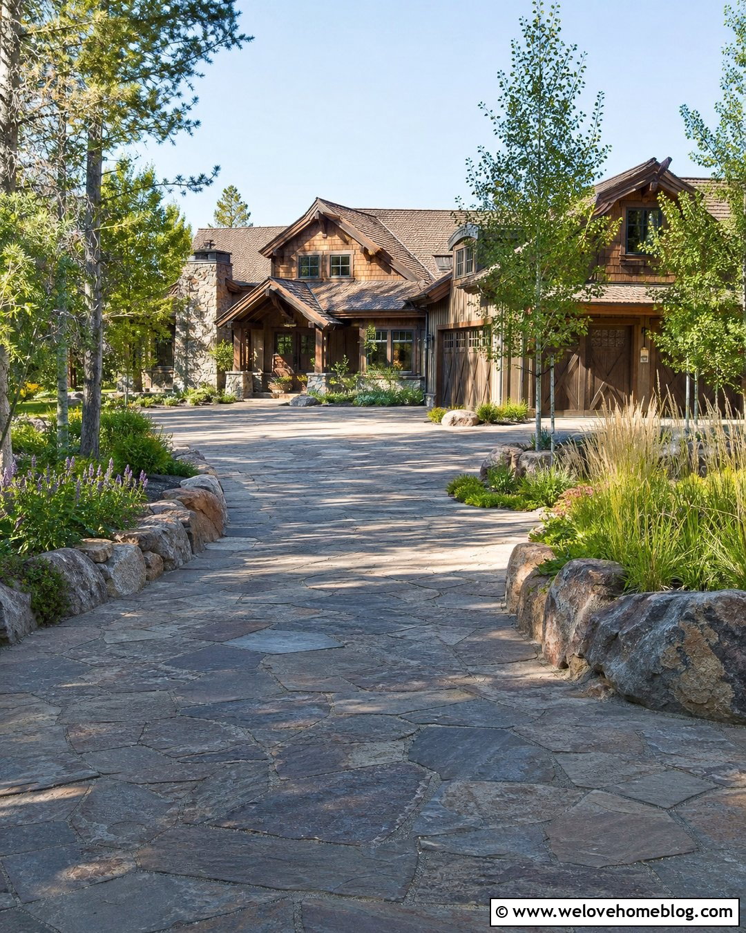 Flagstone Driveway With Natural Planting - 25 Driveway Inspiration Ideas