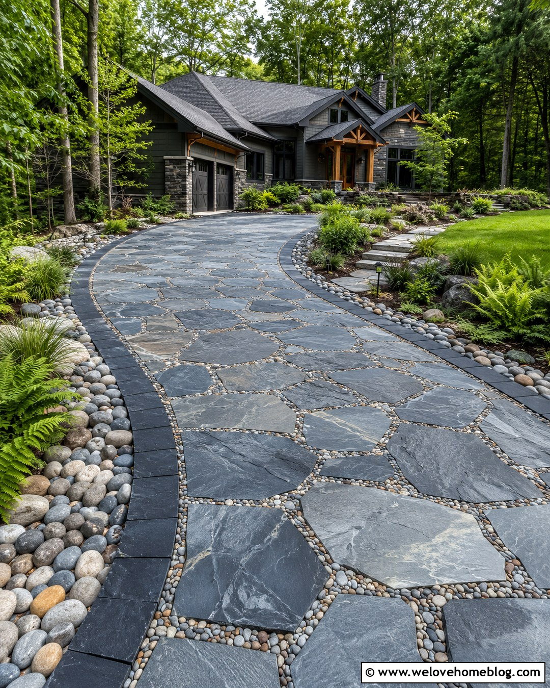 Flagstone Driveway With River Rock Joints - 20 natural flagstone driveway ideas