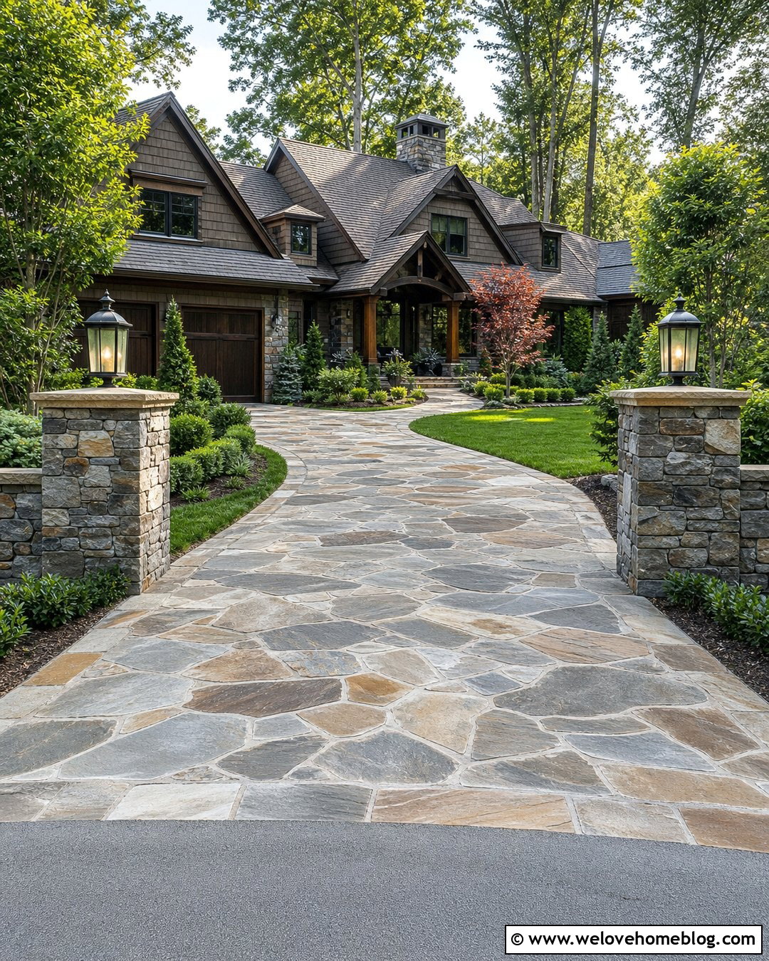Flagstone Driveway With Stone Entrance Pillars - 20 natural flagstone driveway ideas