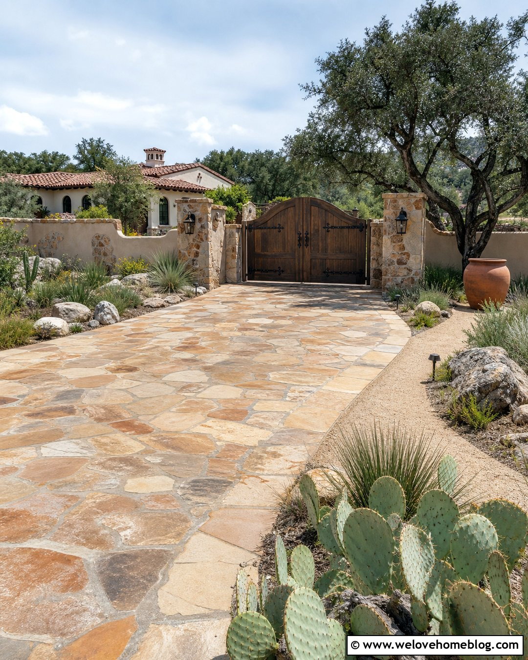 Flagstone Hacienda Driveway Entrance With Rustic Wood Gate - 20 Hacienda Driveway Entrance Ideas