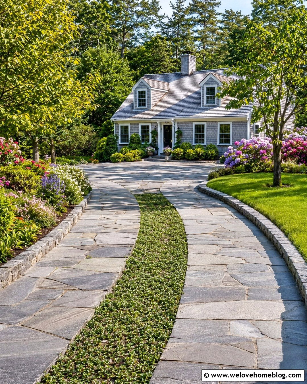 Flagstone Ribbon Long Winding Driveway With Ground Cover