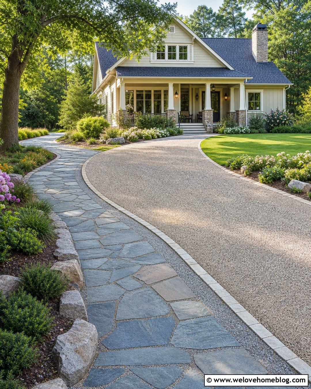Flagstone Sidewalk Beside Curved Driveway