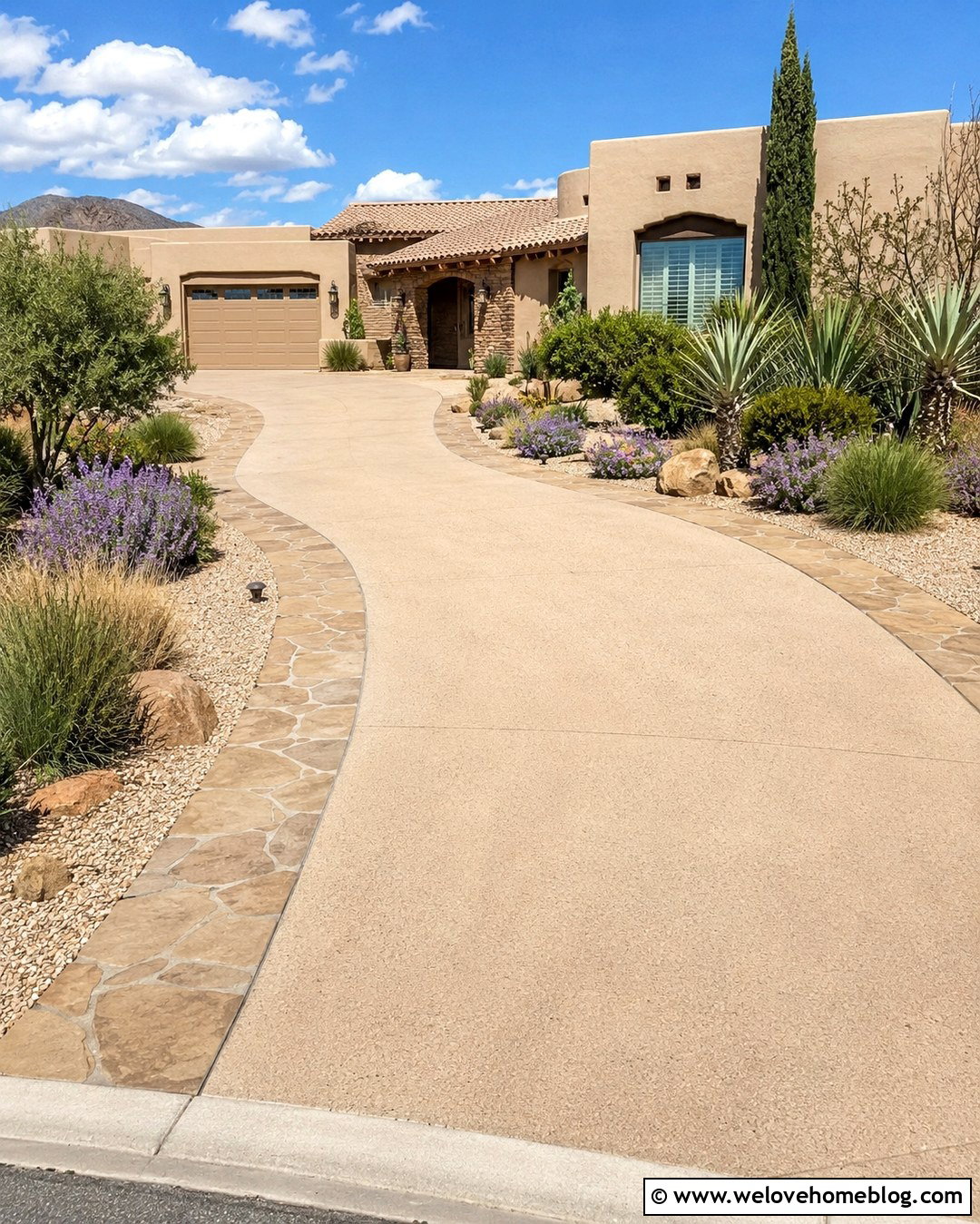 Flagstone Stamped Concrete Driveway Border With Sand Finish - 20 Stamped Concrete Driveway Border Ideas