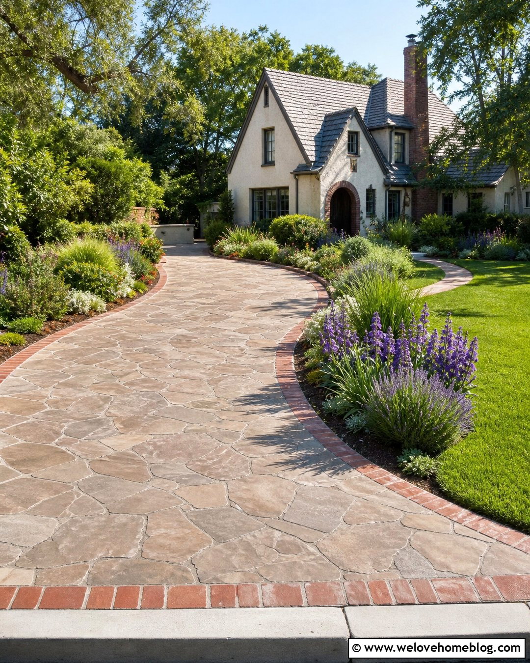 Flagstone Stamped Concrete Driveway With Red Brick Border - 20 stamped concrete driveway with brick border ideas