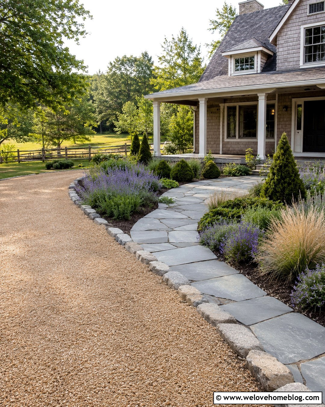Flagstone Walkway Beside A Gravel Driveway - 20 Front Porch Walkway To Driveway Ideas
