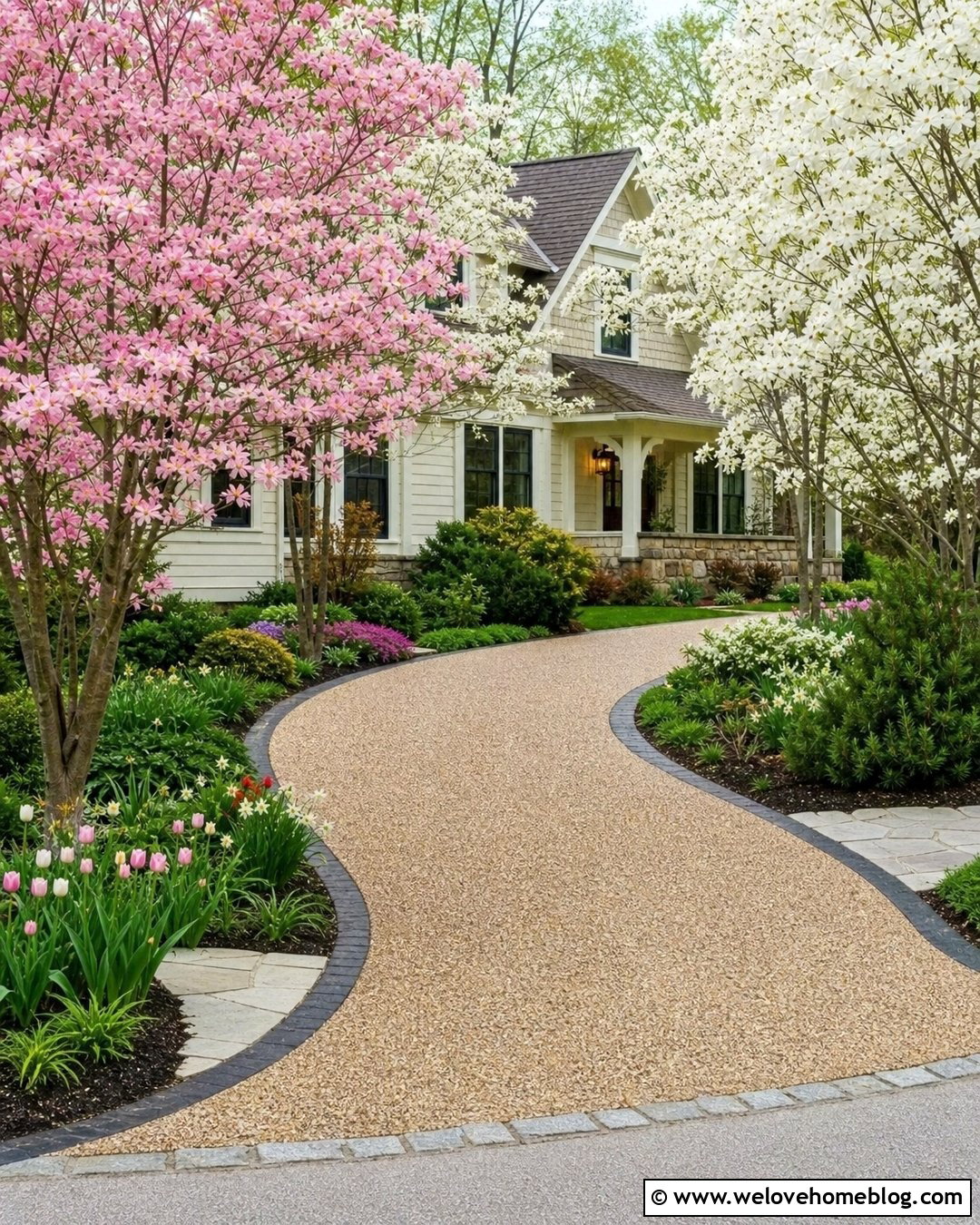 Flowering Tree Lined Resin Driveway - 40 Tree Lined Driveway Ideas
