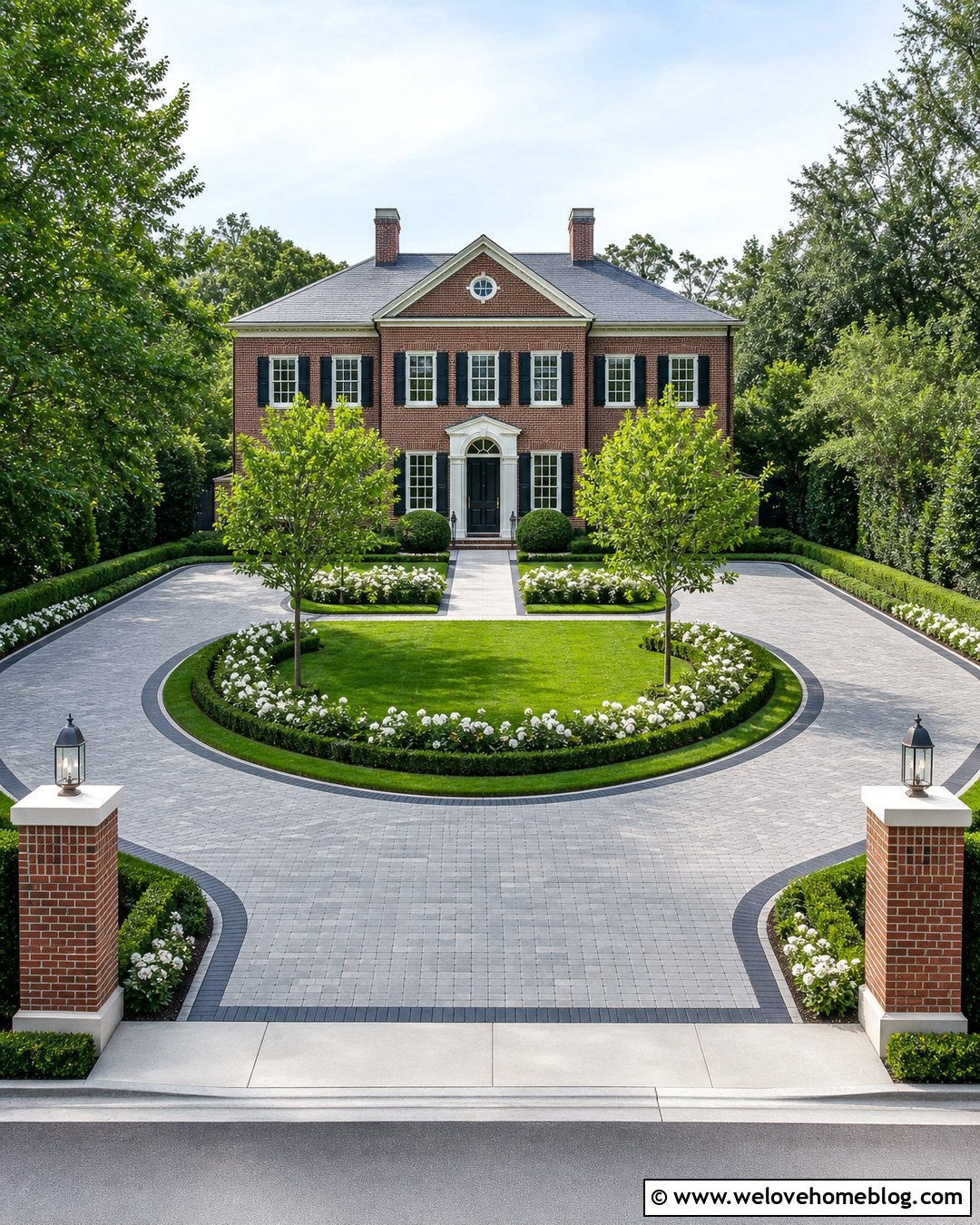 Formal U Shaped Driveway With Boxwood Hedges - 25 U Driveway Front Yards Ideas