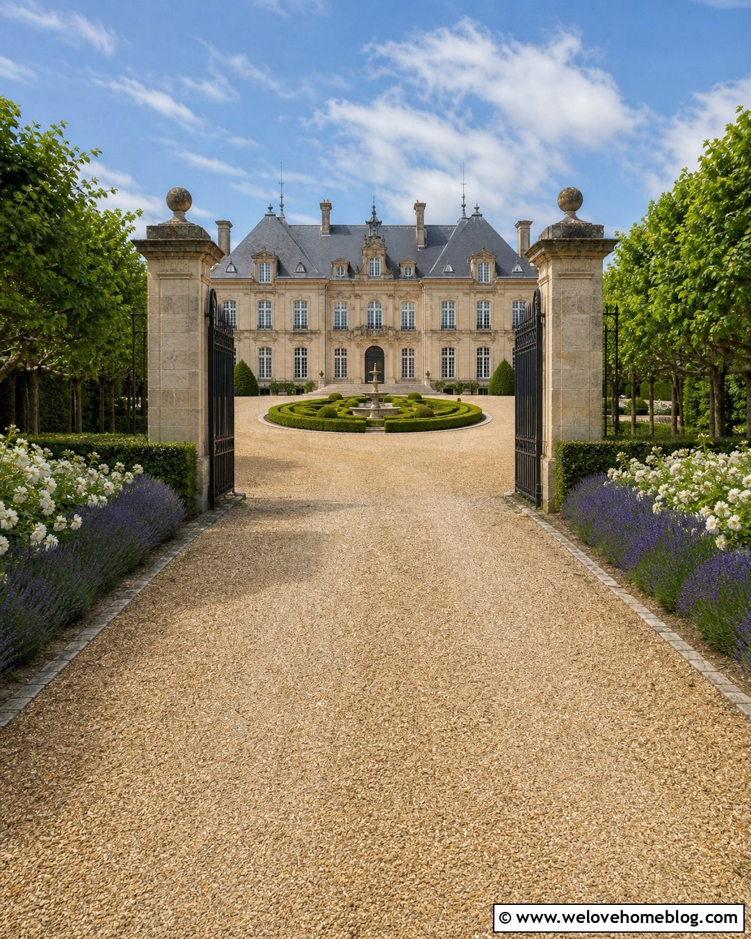 French Chateau Mansion Driveway With Pea Gravel - 20 Big Mansion Driveway Ideas