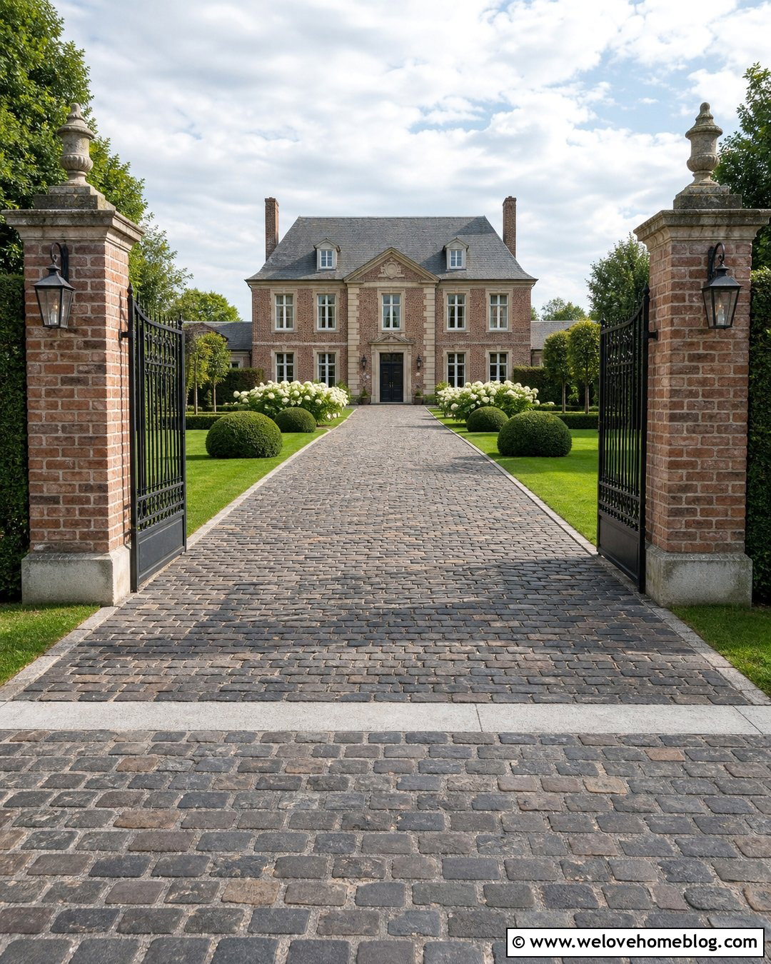 French Cobblestone Driveway Entrance With Brick Pillars - 20 French Driveway Entrance Ideas
