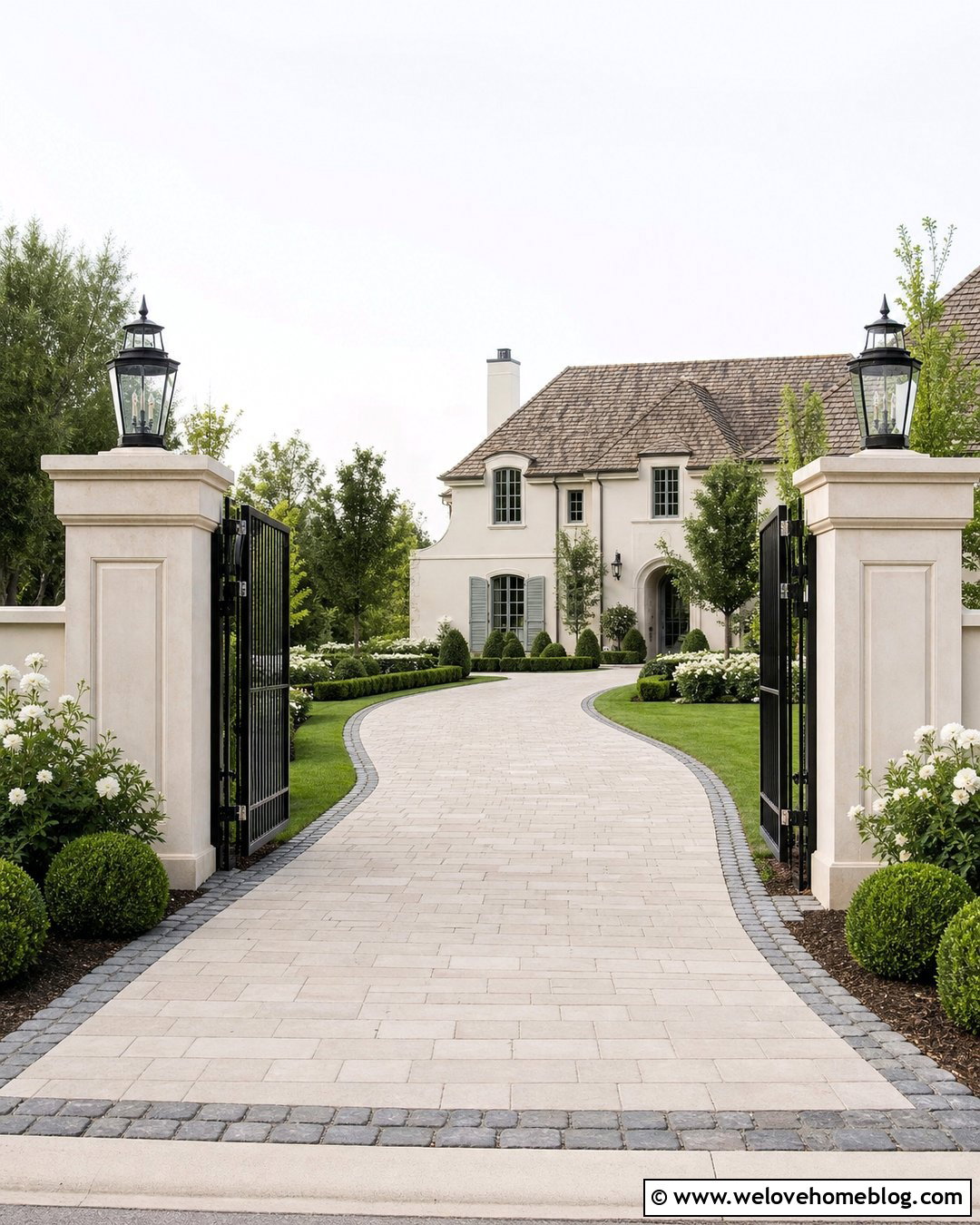 French Driveway Entrance With Lantern Pillars - 20 French Driveway Entrance Ideas