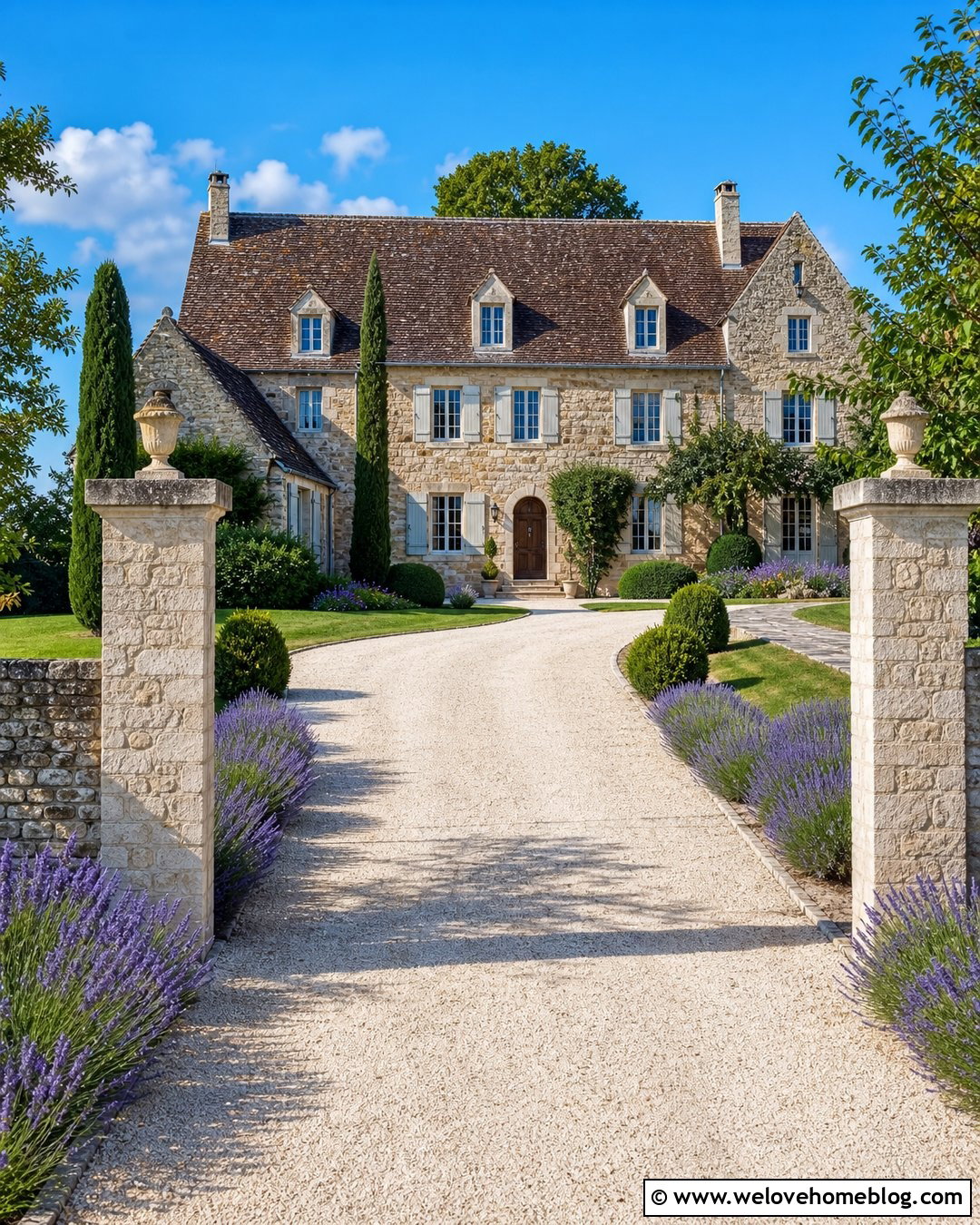 French Gravel Driveway Entrance With Stone Pillars - 20 French Driveway Entrance Ideas