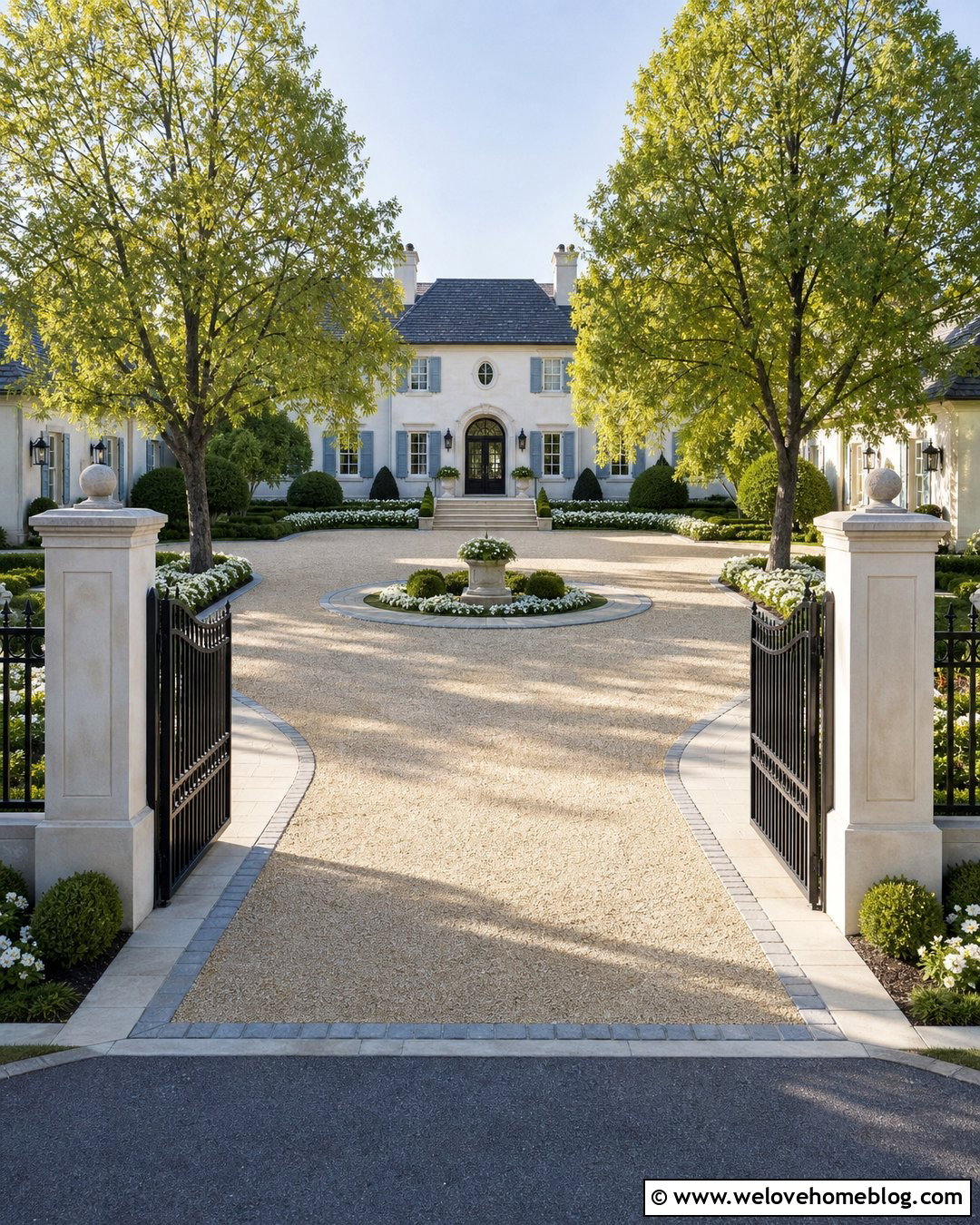 French Villa Driveway With Pea Gravel - 25 Villa Driveway Ideas