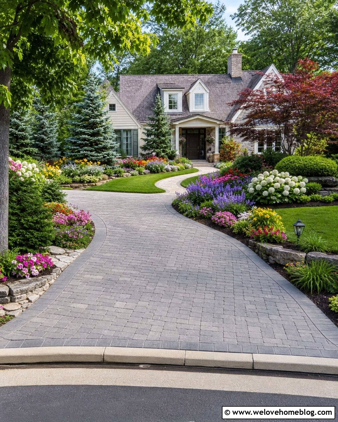 Front Driveway With Flower Borders - 45 Front Driveway Ideas