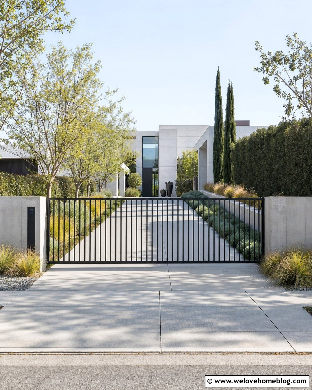 Front Driveway With Modern Metal Gate - 45 Front Driveway Ideas
