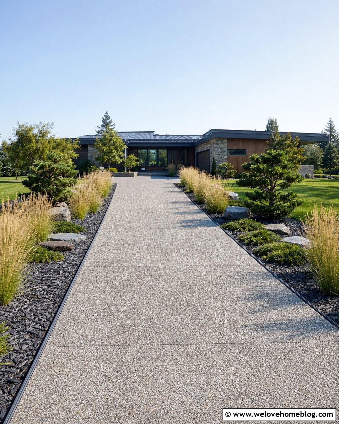 Front Driveway With Ornamental Grass - 45 Front Driveway Ideas