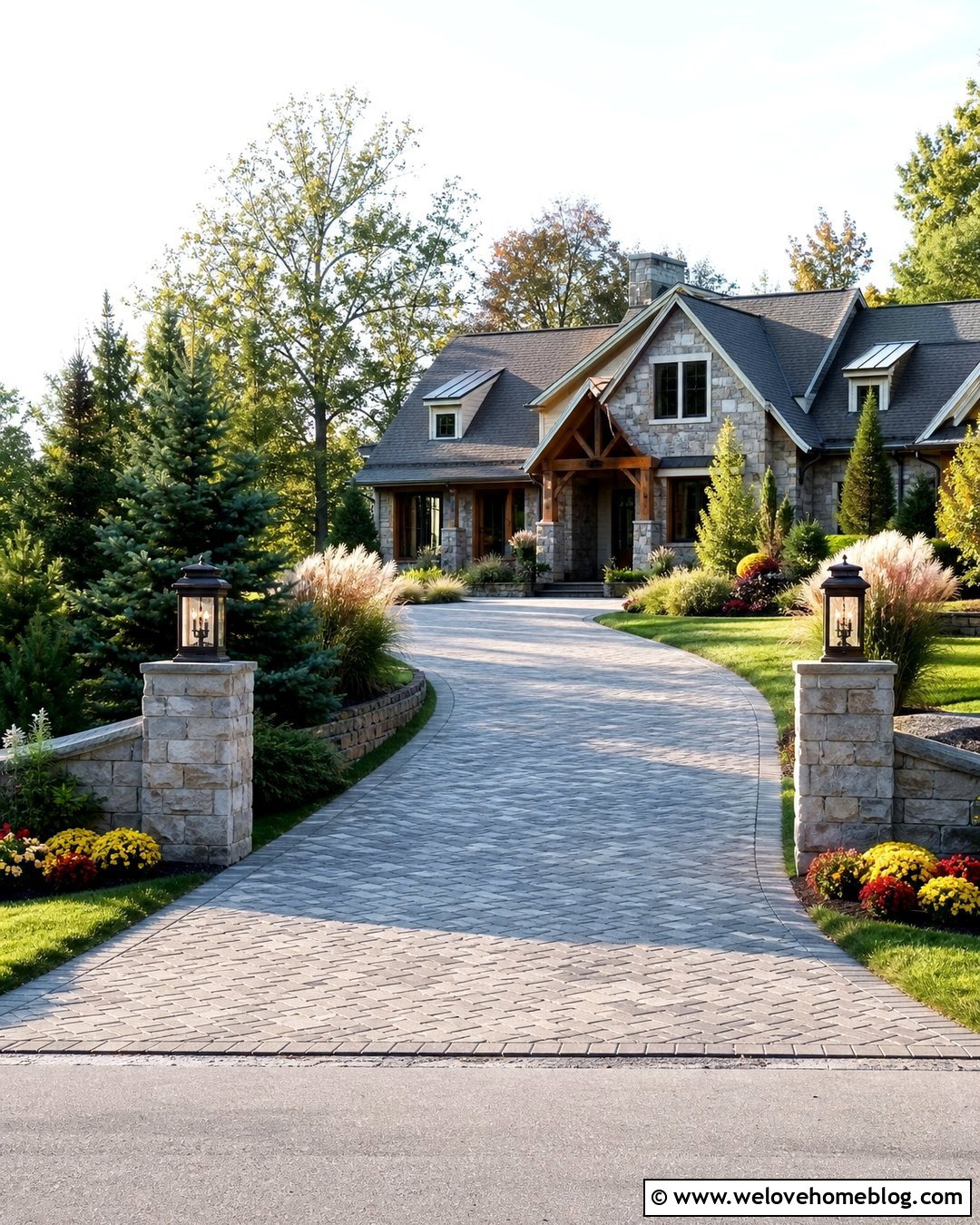 Front Driveway With Stone Pillars - 45 Front Driveway Ideas