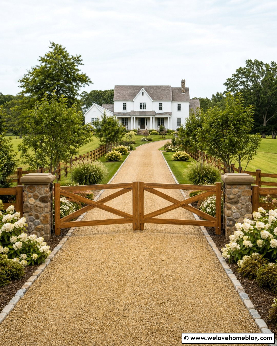 Front Driveway With Wood Gate - 45 Front Driveway Ideas