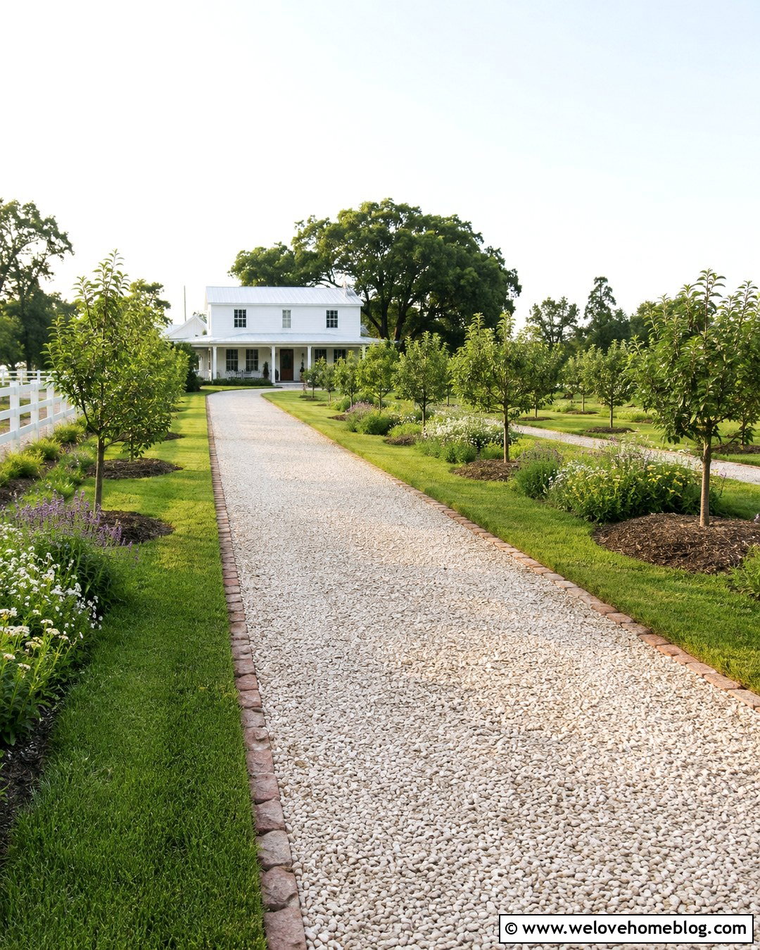 Fruit Trees Beside A Farmhouse Driveway - 20 Driveway Tree Planting Ideas