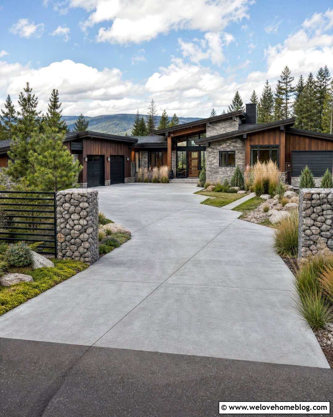 Gabion And Steel Fence Beside Concrete Driveway - 20 Fence On Concrete Driveway Ideas