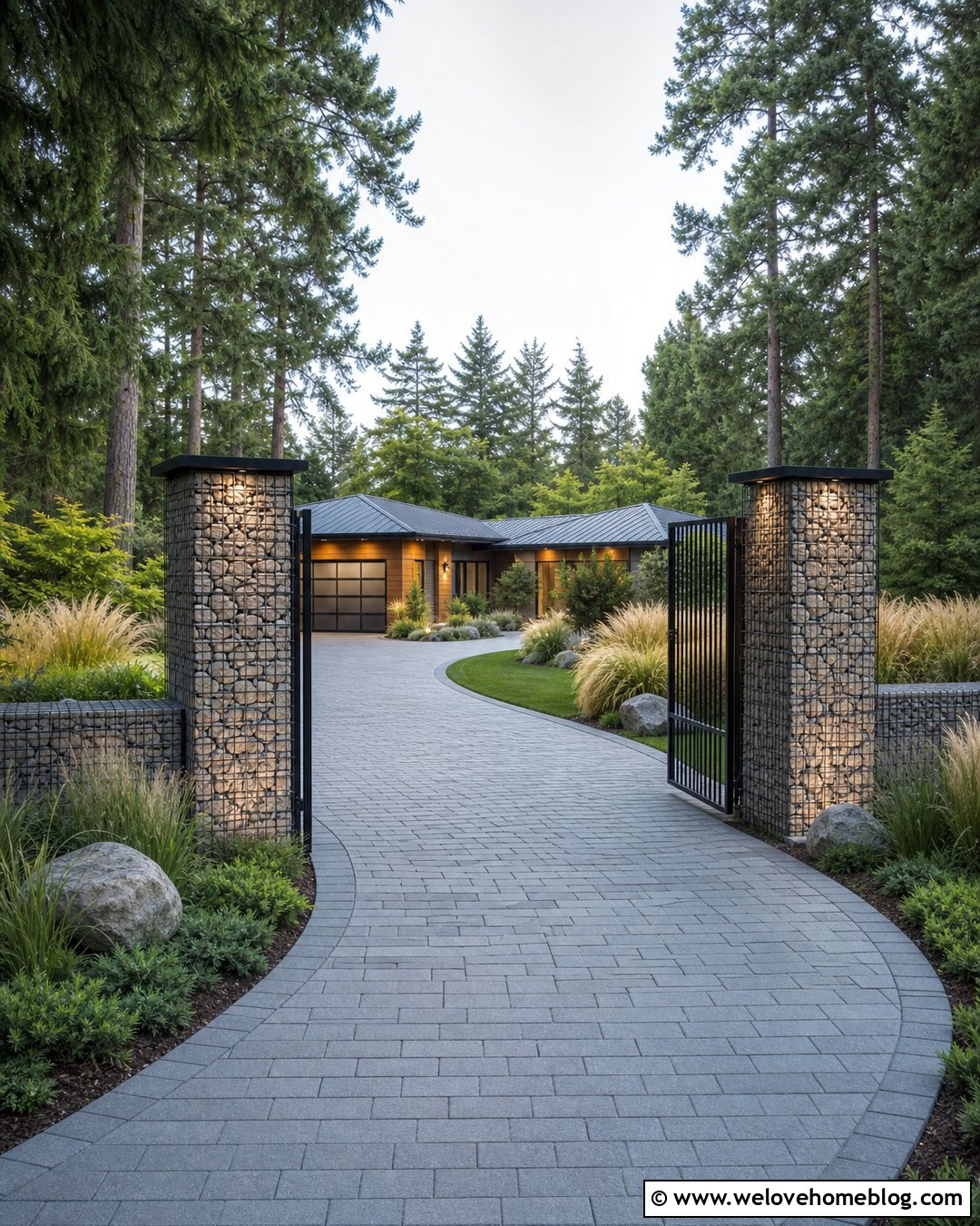 Gabion Driveway Pillars With Permeable Pavers - 20 modern driveway pillars ideas