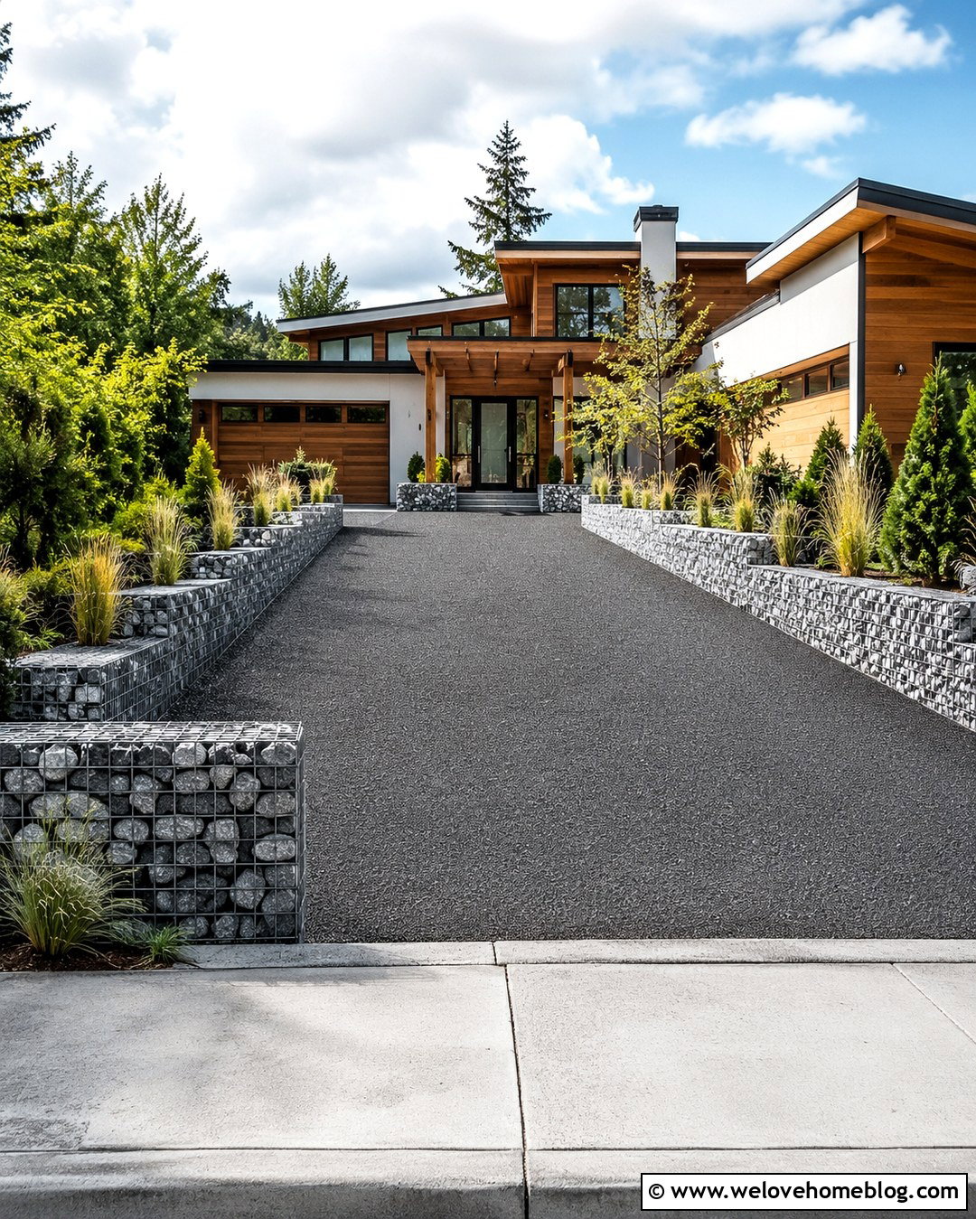 Gabion Rock Lined Modern Driveway - 20 Rocks Lining Driveway Ideas