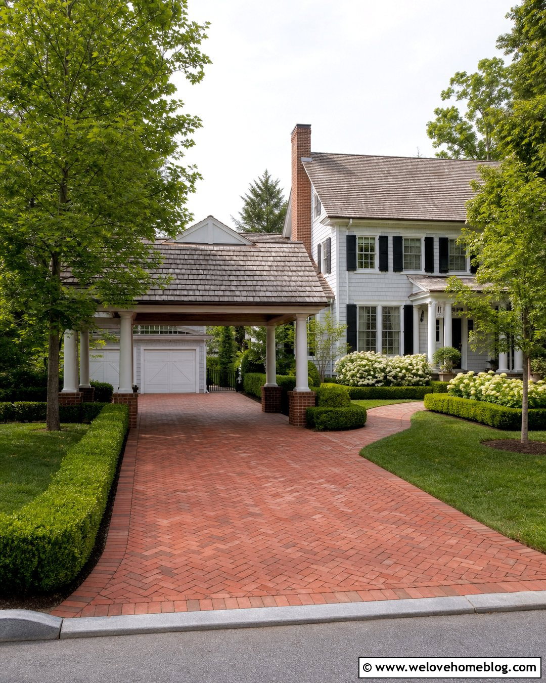 Gabled Carport Over A Brick Driveway - 25 Driveway Shade Ideas