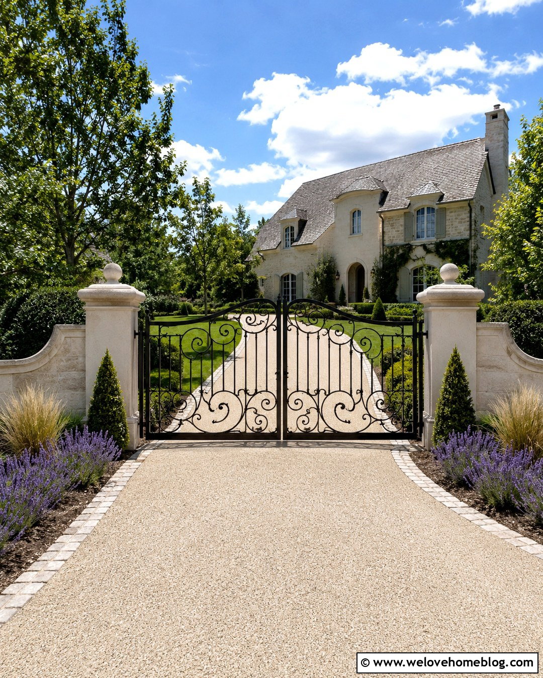 Galvanized Double Wrought Iron Driveway Gate With Scrollwork
