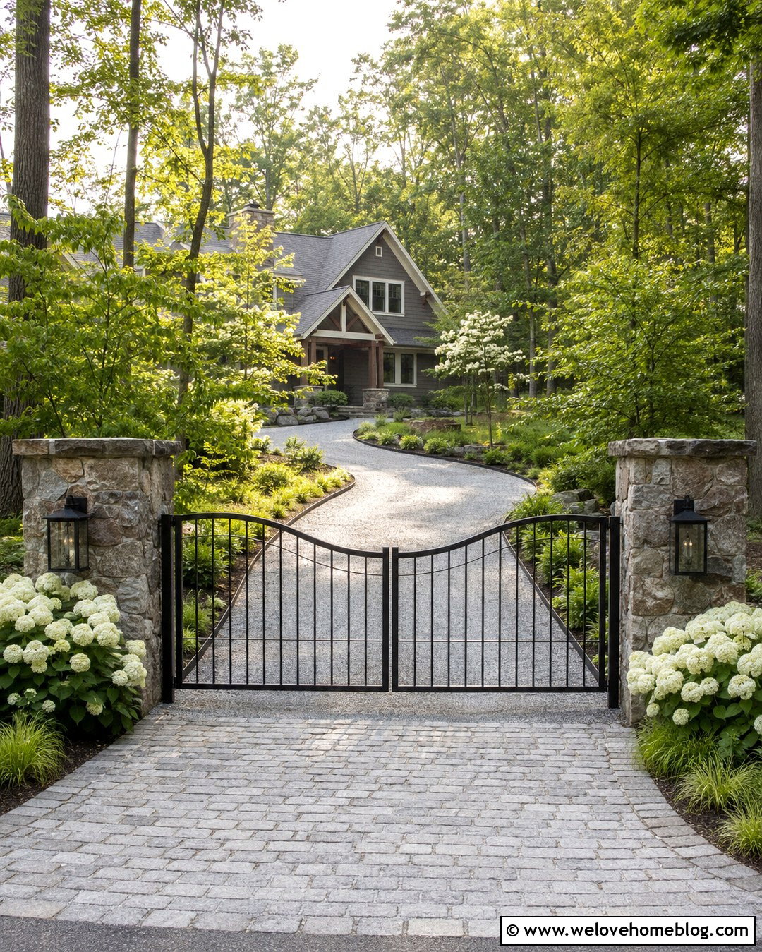 Galvanized Double Wrought Iron Driveway Gate With Stone Pillars - 20 galvanized double wrought iron driveway gates ideas