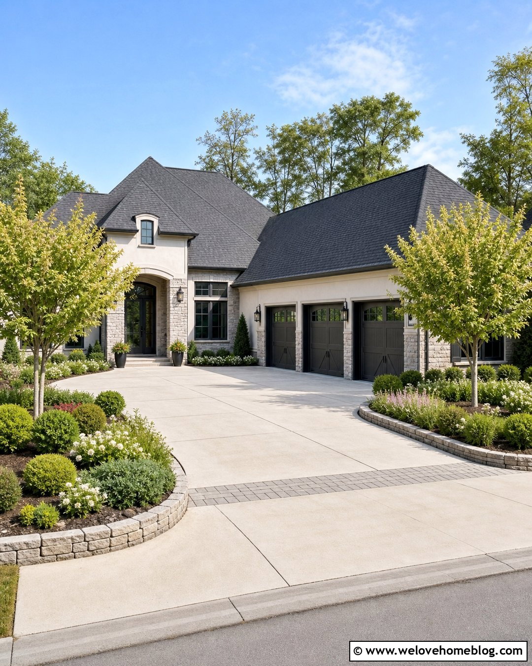 Garage Driveway With Softening Trees - 40 Front Driveway Landscaping Ideas