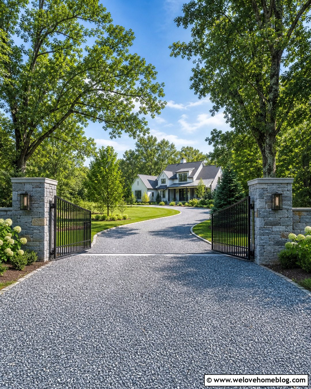 Gated Bluestone Gravel Driveway With Stone Pillars - 20 Bluestone Gravel Driveway Ideas