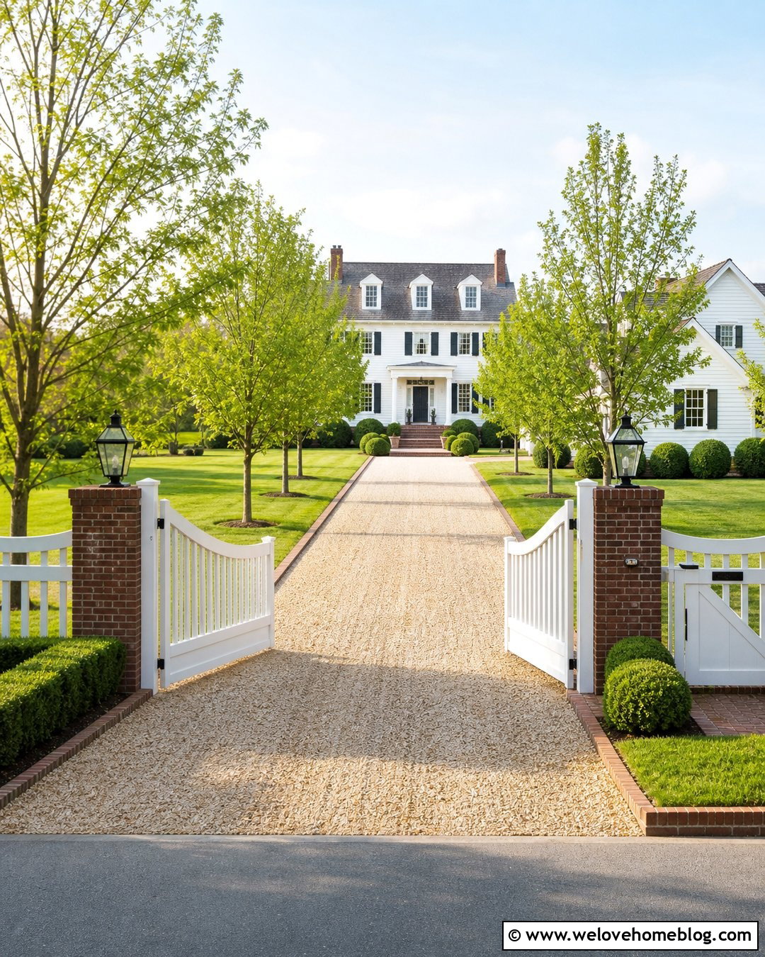 Gated Colonial Driveway With Brick Pillars - 20 Colonial Driveway Ideas