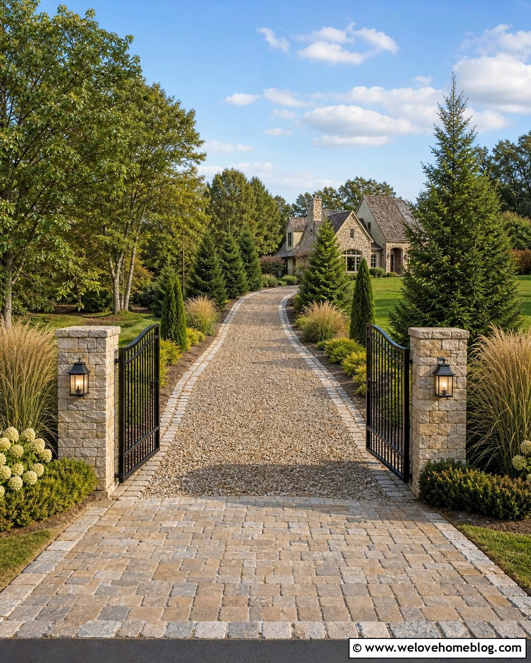 Gated Creek Rock Driveway With Stone Pillars - 20 Creek Rock Driveway Ideas