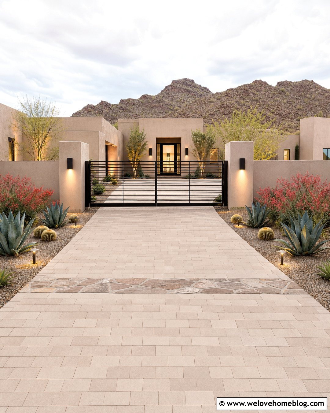 Gated Desert Driveway With Stucco Pillars - 20 desert driveway landscaping ideas