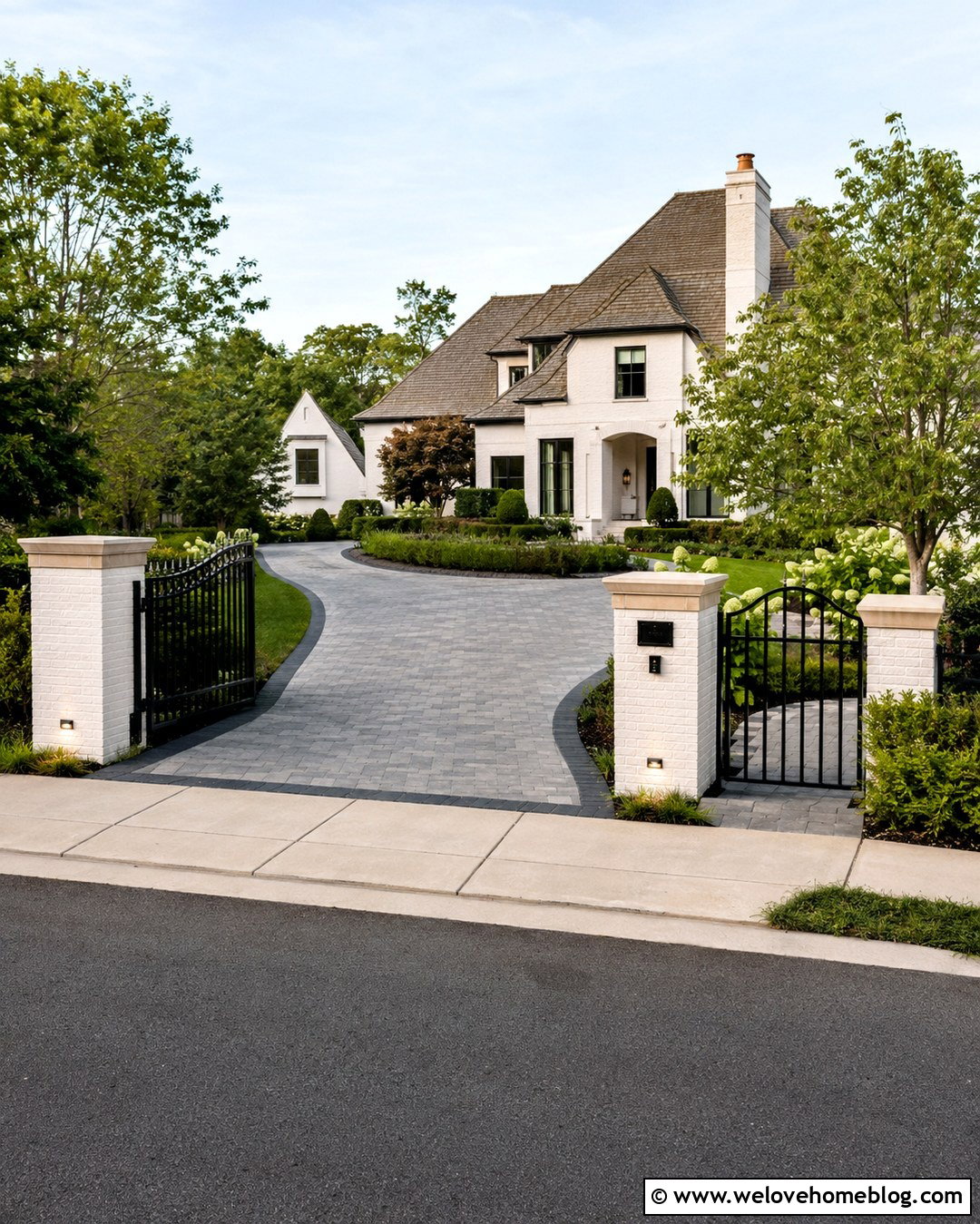 Gated Driveway With White Brick Pillars - 20 White House Driveway Ideas