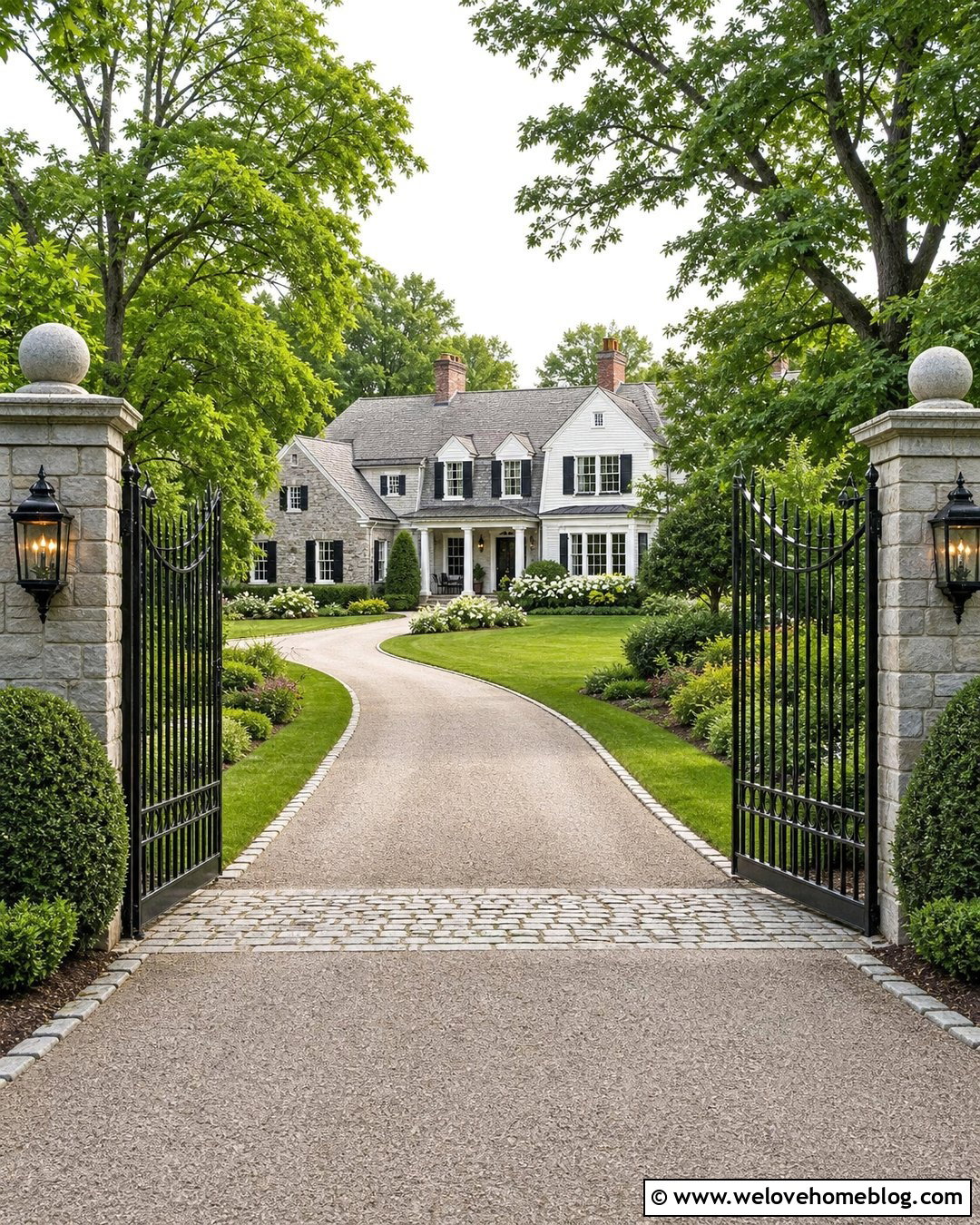 Gated Gravel Driveway With Cobblestone Threshold - 20 Cobblestone And Gravel Driveway Ideas