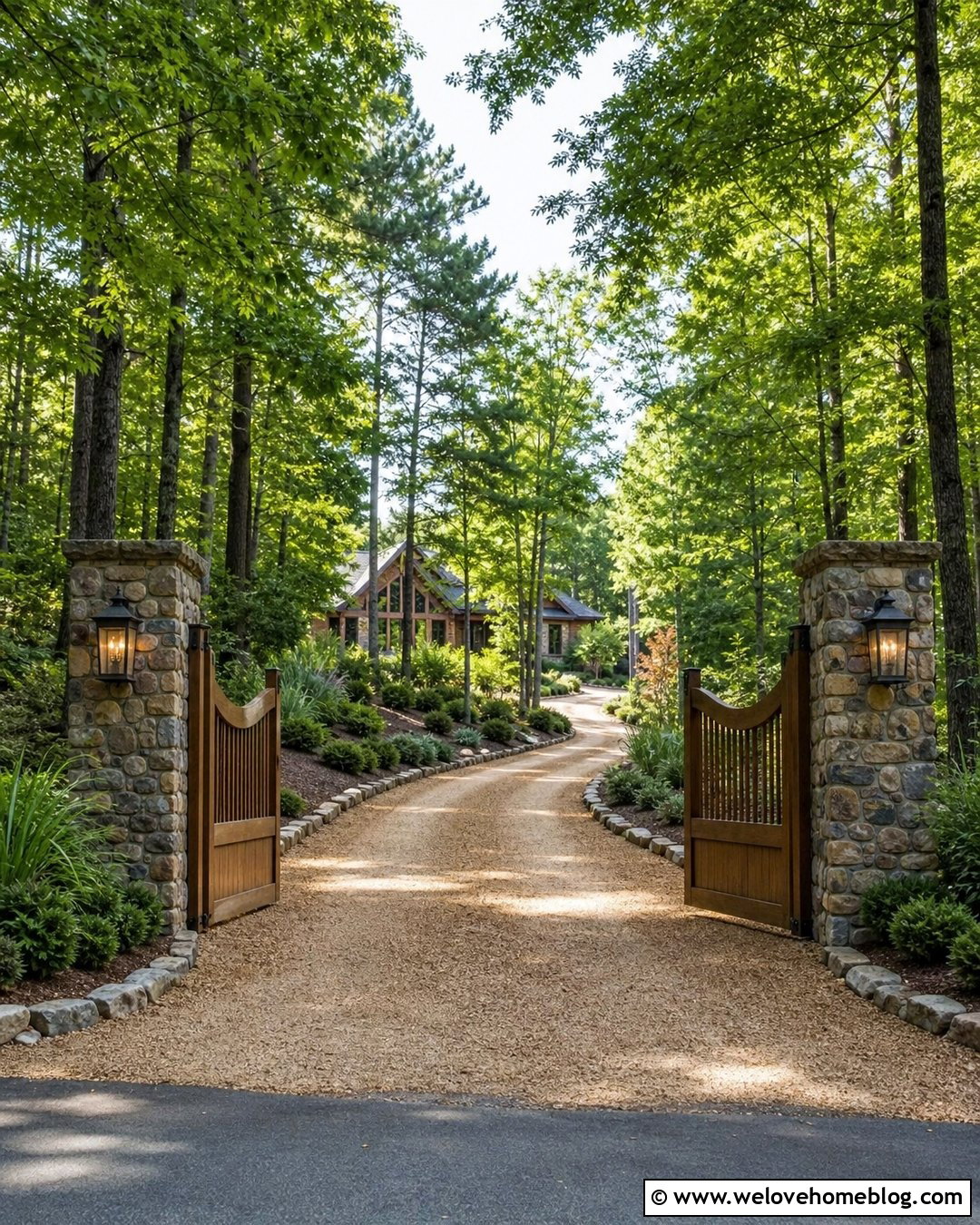 Gated Gravel Driveway With Stone Pillars - 20 driveway through the woods ideas