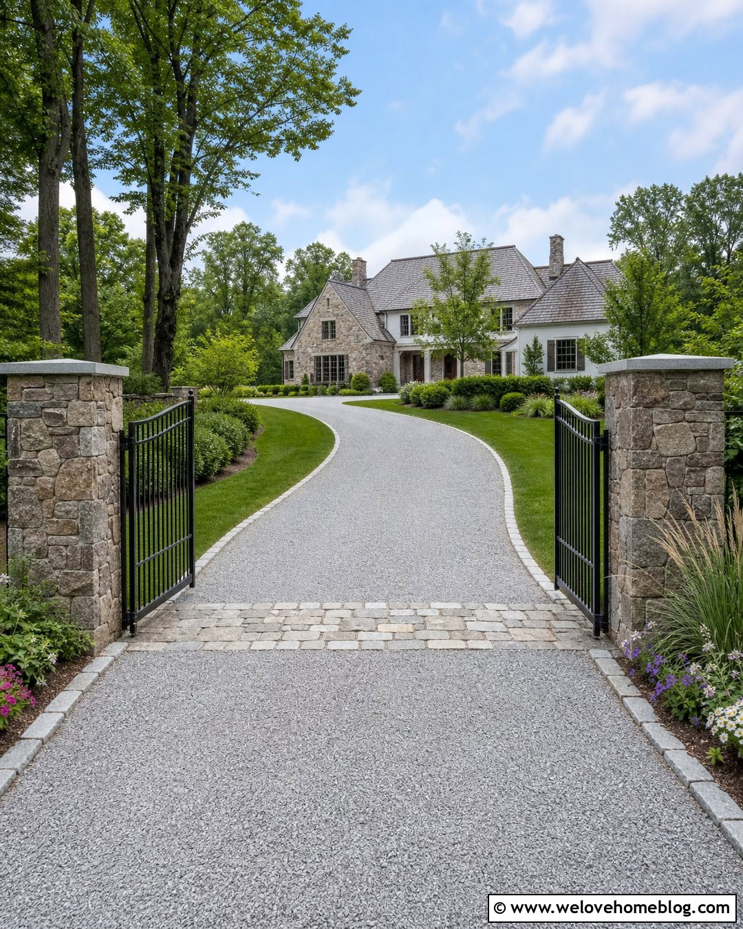 Gated Gravel Driveway With Stone Pillars - 20 Driveway Renovation Ideas