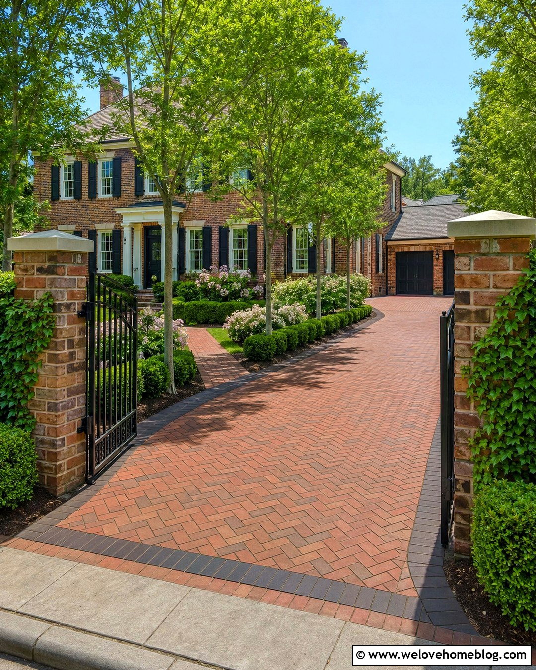 Gated L Shaped Driveway With Brick Pillars - 20 L Shape Driveway Ideas