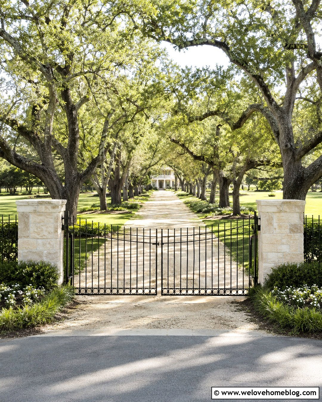 Gated Live Oak Driveway With Wrought Iron Fencing - 20 live oak tree lined driveway ideas