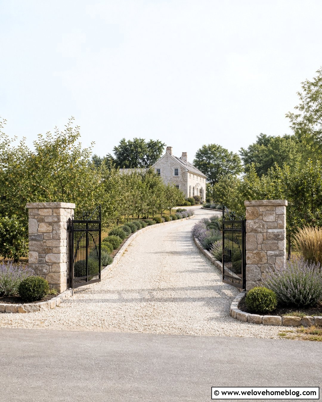 Gated Orchard Driveway With Stone Pillars - 20 Orchard Driveway Ideas