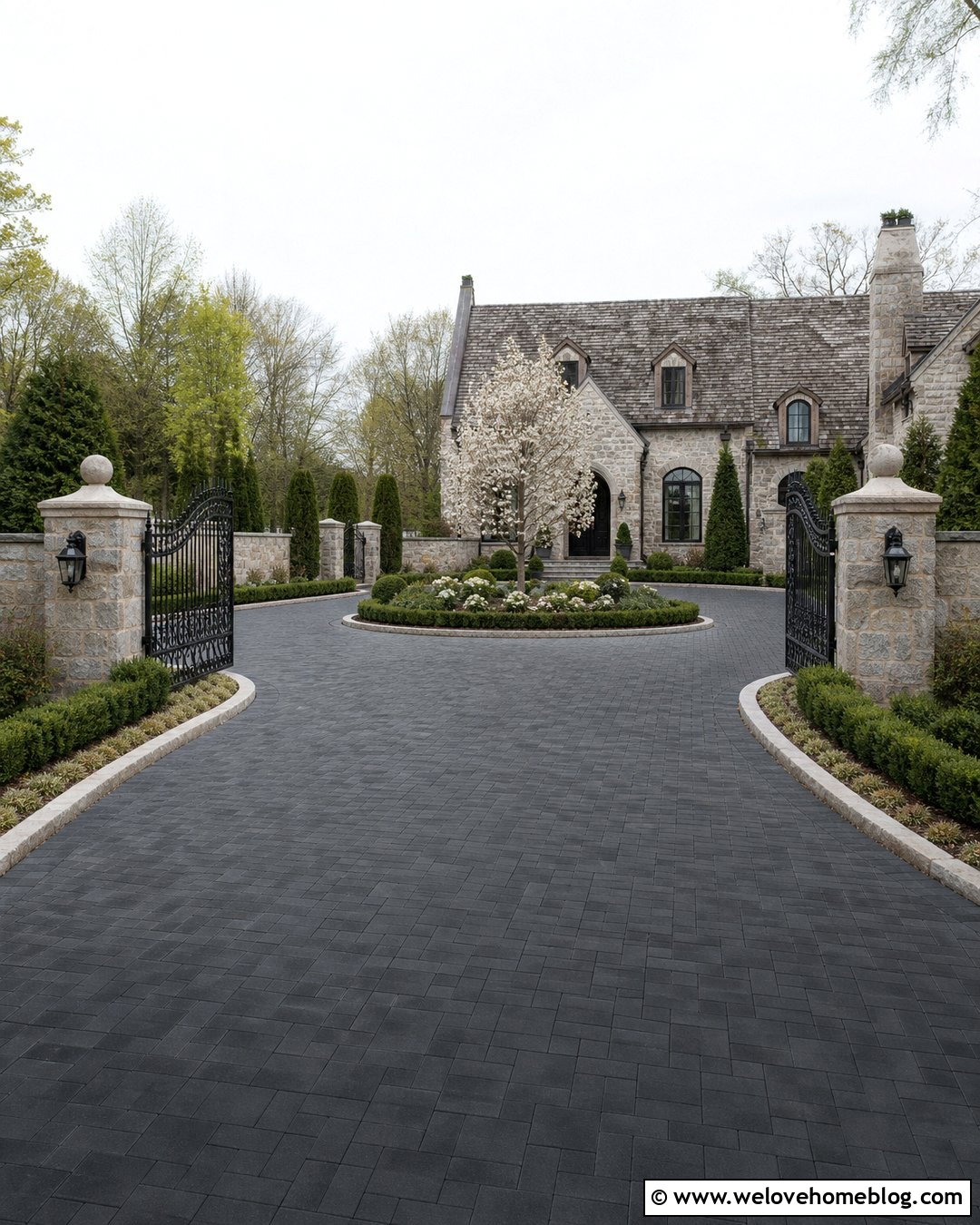 Gated Round Driveway With Iron Entry Gates - 30 Round Driveway Ideas
