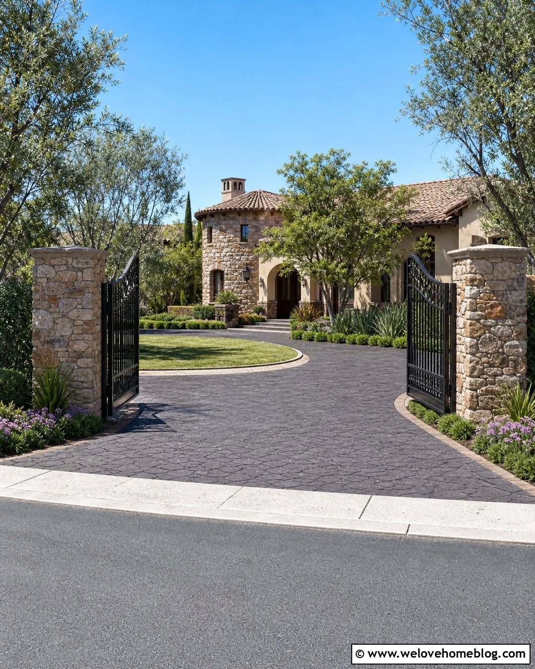 Gated Semi Circle Driveway With Stone Pillars - 35 Semi Circle Driveway Landscaping Ideas