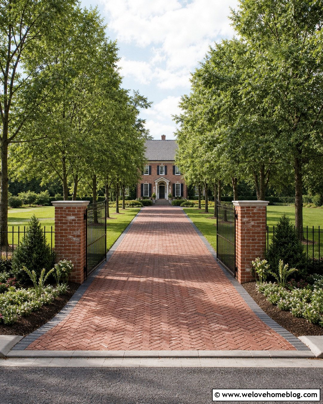 Gated Tree Lined Brick Driveway - 40 Tree Lined Driveway Ideas