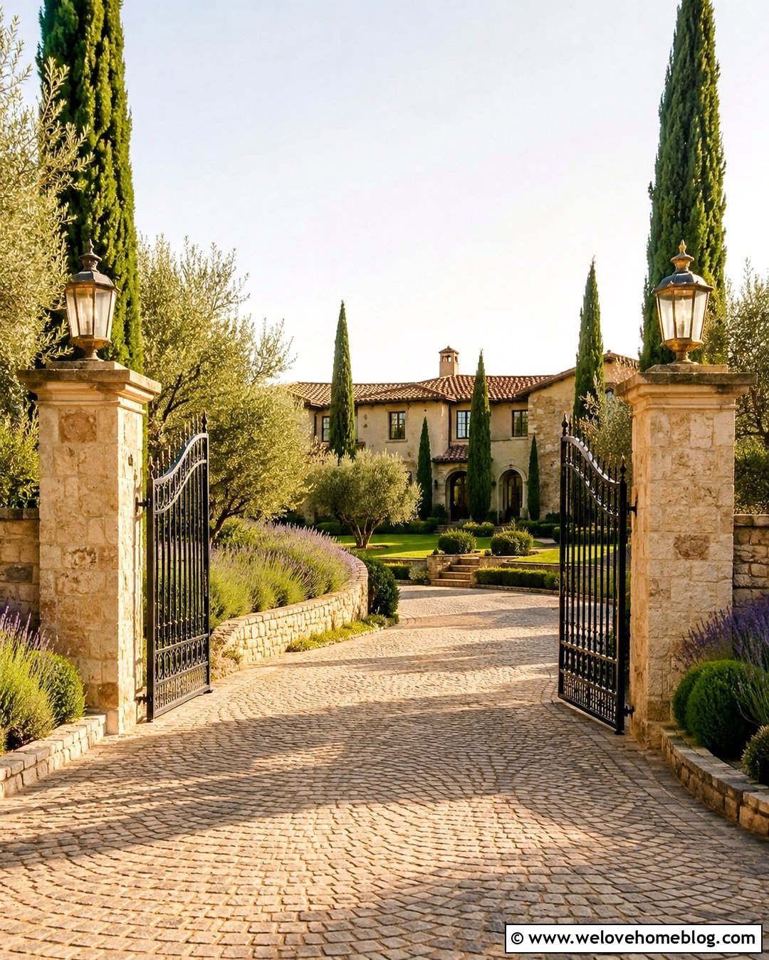 Gated Tuscan Driveway With Stone Pillars - 20 Tuscan Driveway Ideas