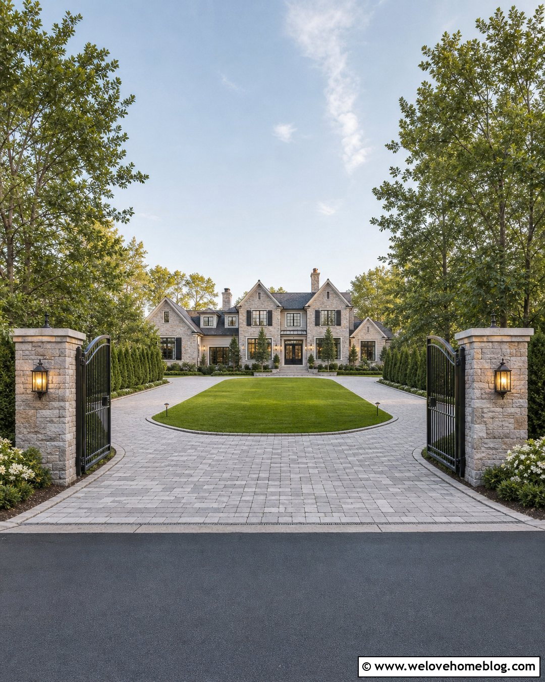 Gated U Shape Driveway With Stone Pillars - 30 U Shape Driveway Landscaping Ideas