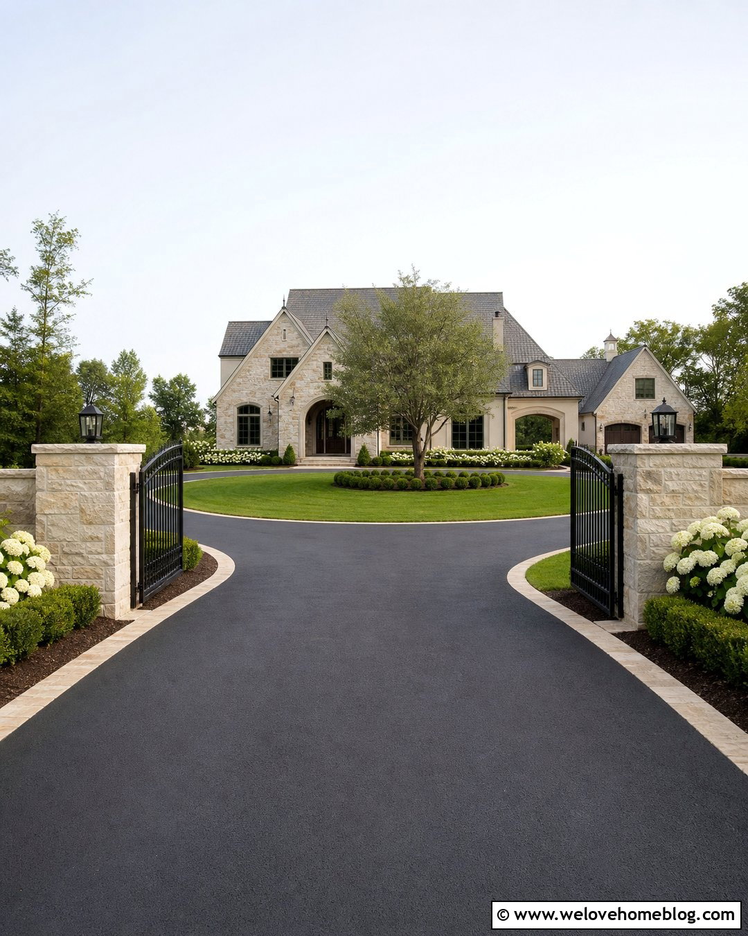Gated U Shaped Driveway With Stone Pillars - 25 U Driveway Front Yards Ideas