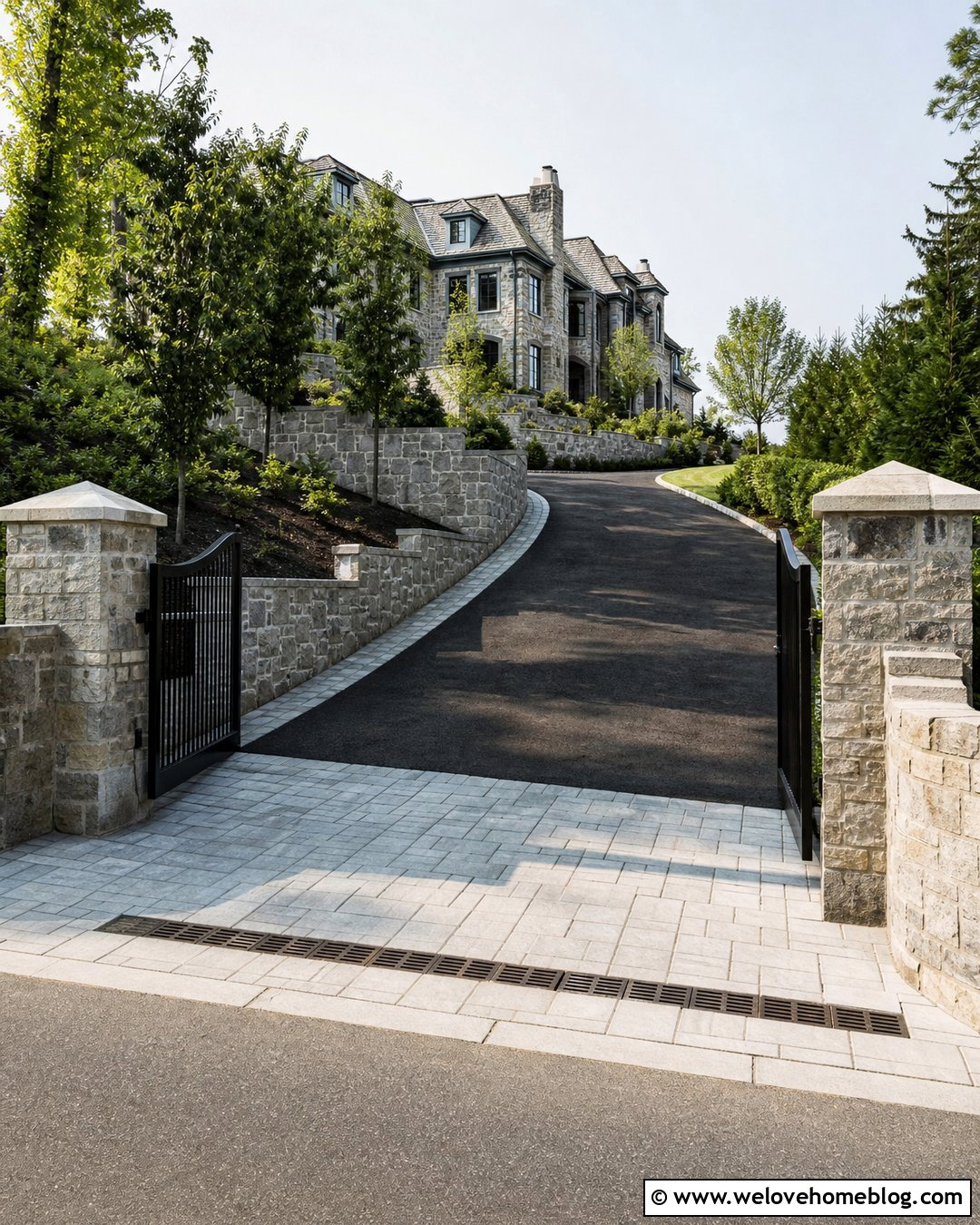 Gated Uphill Driveway With Level Entry Pad - 25 Uphill Driveway Ideas