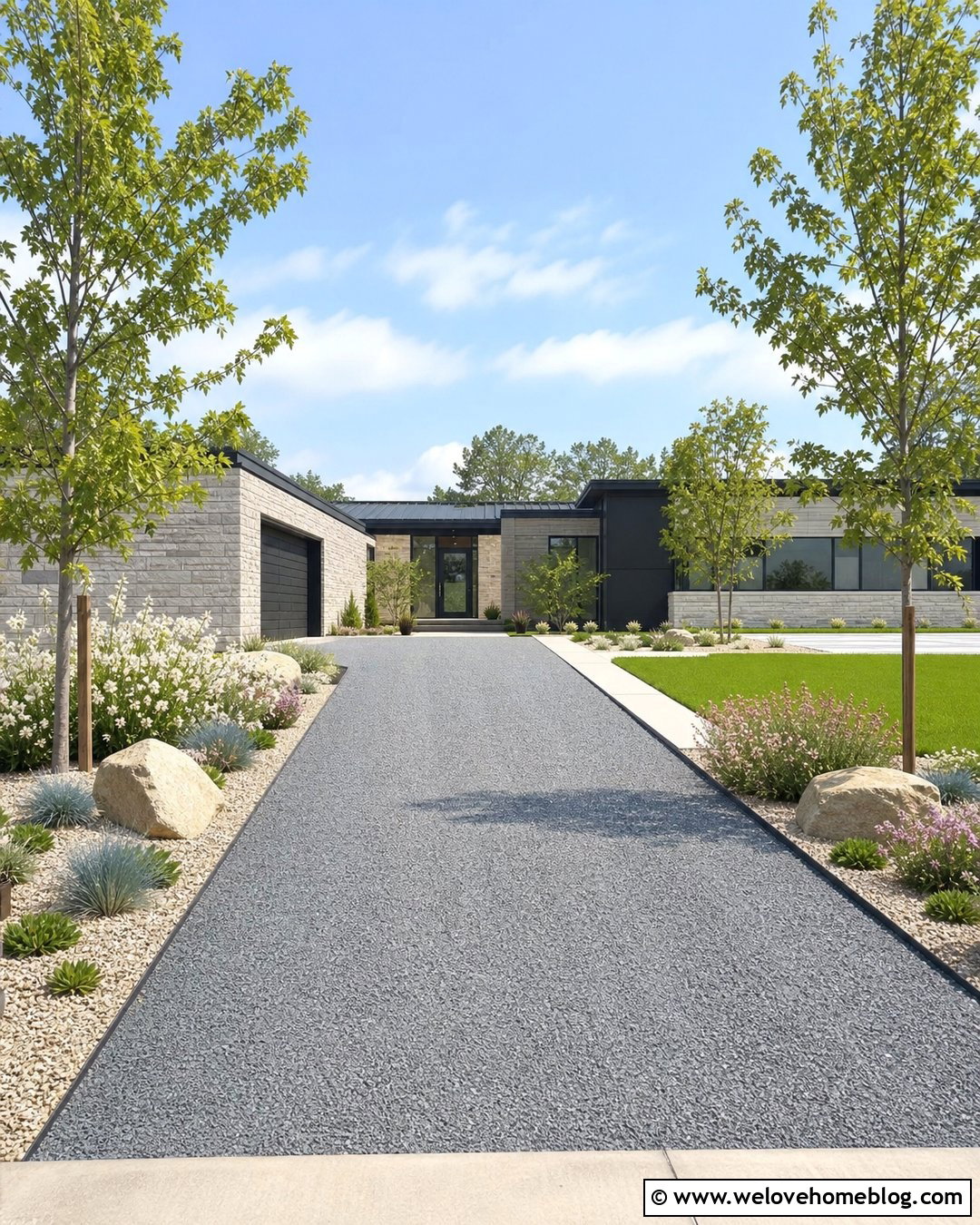 Gaura Along a Modern Gravel Driveway - 25 flowers along driveway ideas