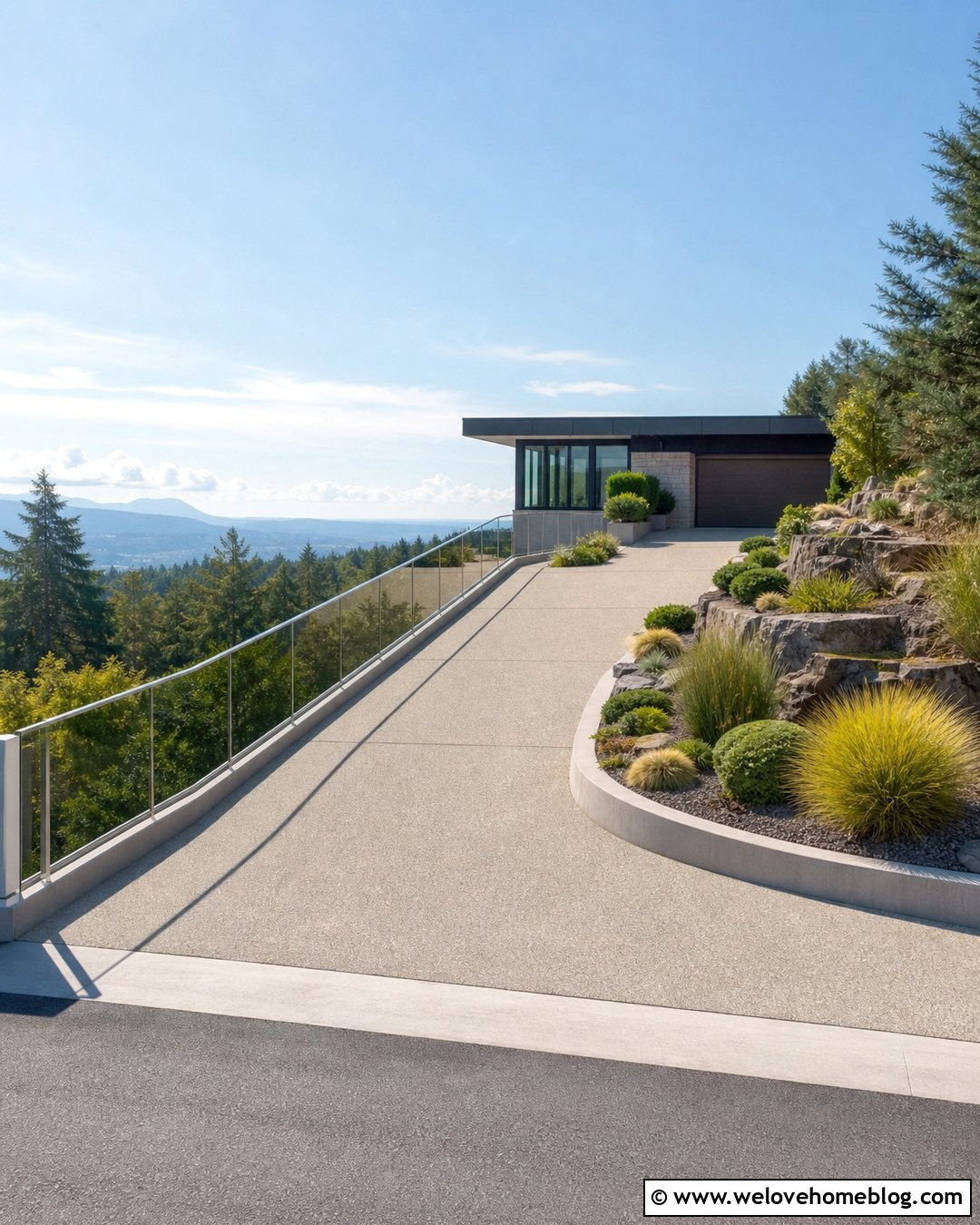 Glass Driveway Railing With Exposed Aggregate - 20 Driveway Railing Ideas